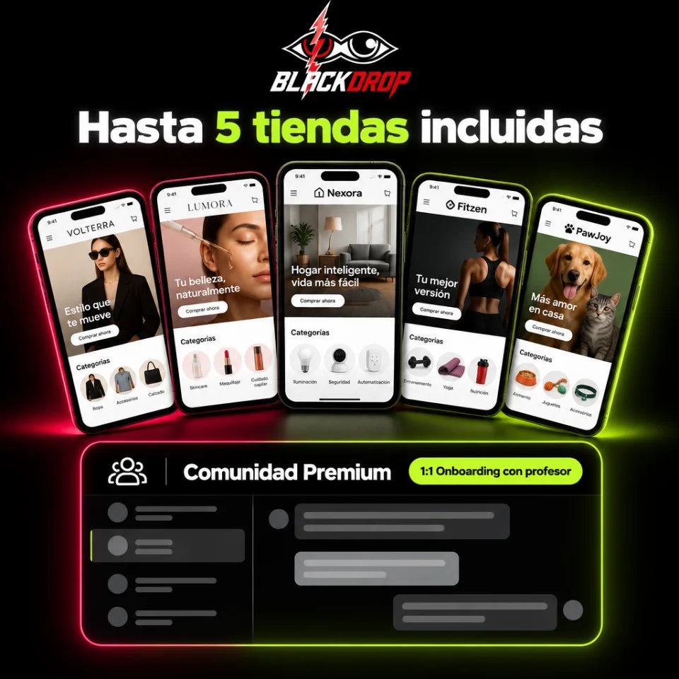 Cinco tiendas distintas creadas con BlackDrop, vistas en cinco móviles, y el panel de la comunidad premium