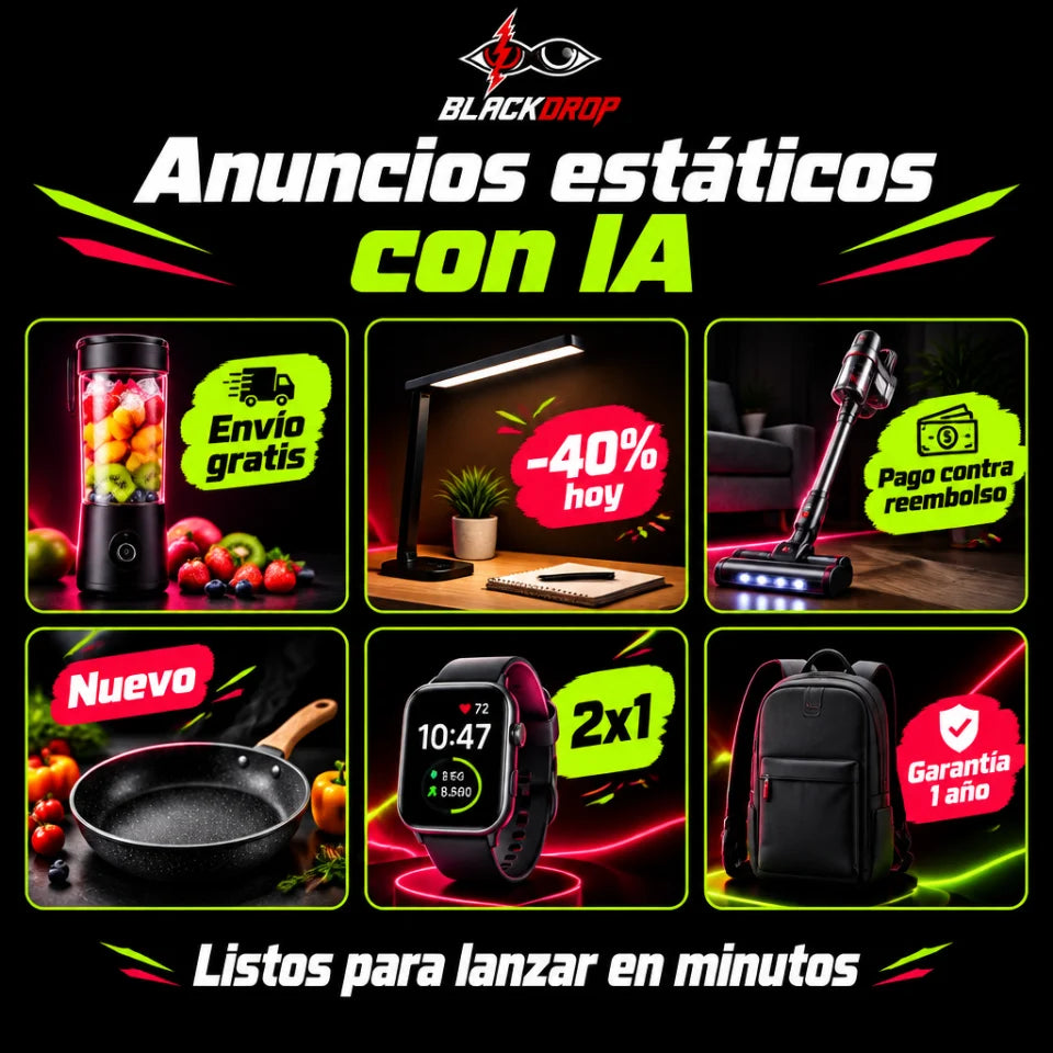 Seis anuncios estáticos generados con IA para productos distintos: batidora, lámpara, aspirador, sartén, reloj y mochila