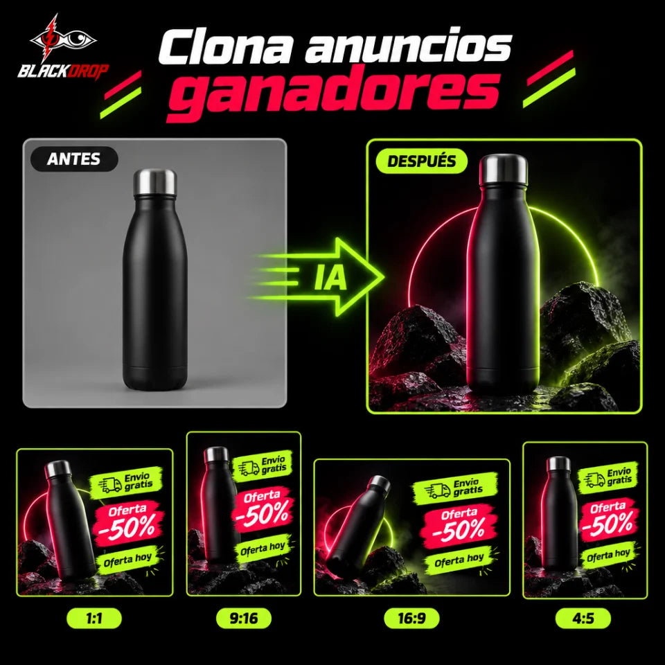 Antes y después: una botella con fondo gris convertida por la IA en un anuncio con fondo de marca, en formatos 1:1, 9:16, 16:9 y 4:5