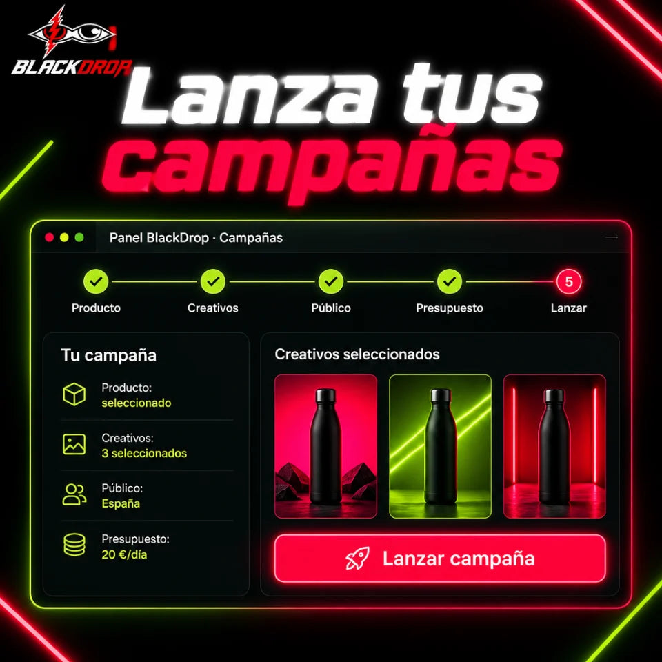 Panel de BlackDrop para lanzar una campaña: producto, creativos, público, presupuesto y botón de lanzar