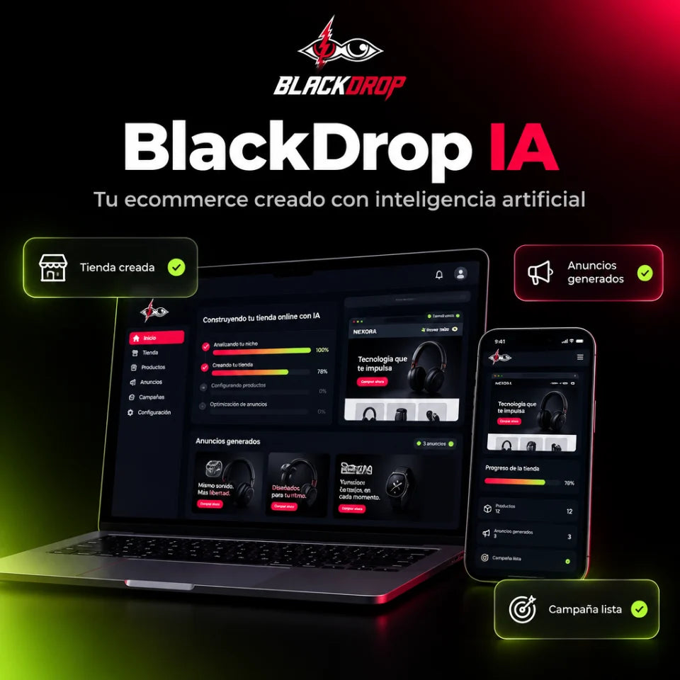 La plataforma BlackDrop en portátil y móvil, con la tienda creada, los anuncios generados y la campaña lista